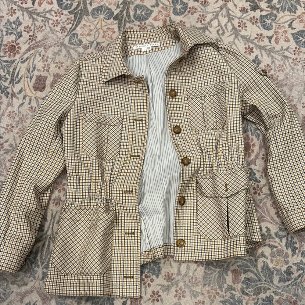 Veronica Beard Brown and White Utility Jacket with Gingham Pattern
